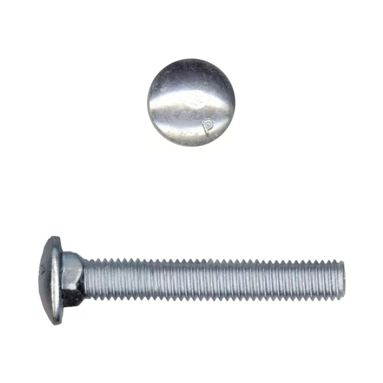 The Go Build 3/8 in x 5 in. Carriage Bolt - Galvanized is shown from the side and top, featuring a round, smooth head and a partially threaded shaft for corrosion resistance.